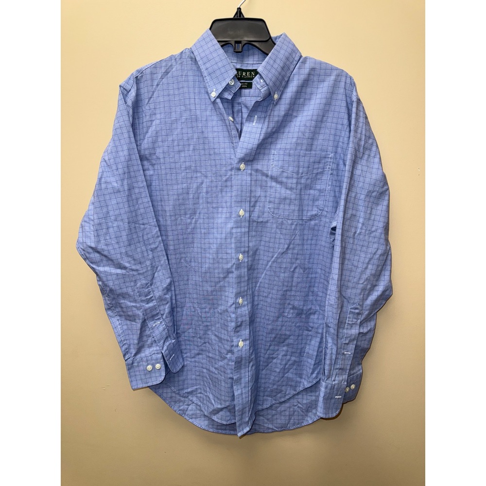Lauren Ralph Lauren Mens Blue Graph Check Classic Fit Non Iron Dress Shirt 15.5